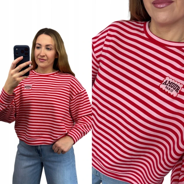 Lekka luźna bluza w poziome paski różowa czerwona haft Mooij- AMORE PARIS