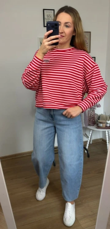 Lekka luźna bluza w poziome paski różowa czerwona haft Mooij- AMORE PARIS