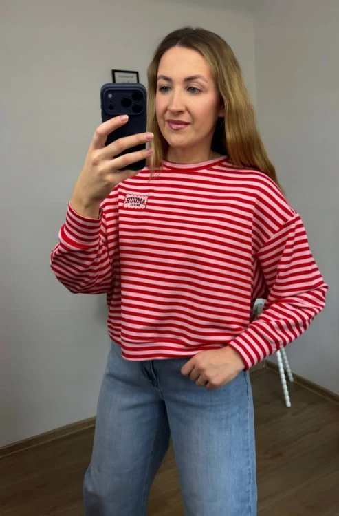 Lekka luźna bluza w poziome paski różowa czerwona haft Mooij- AMORE PARIS