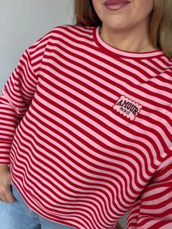 Lekka luźna bluza w poziome paski różowa czerwona haft Mooij- AMORE PARIS