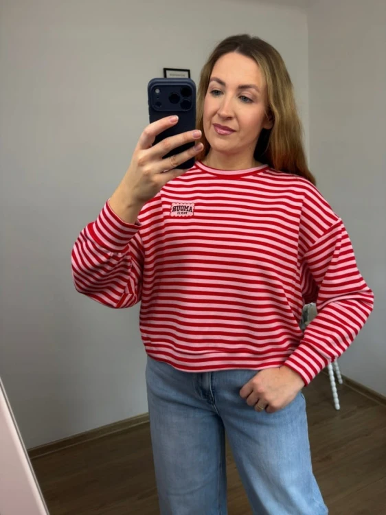 Lekka luźna bluza w poziome paski różowa czerwona haft Mooij- AMORE PARIS