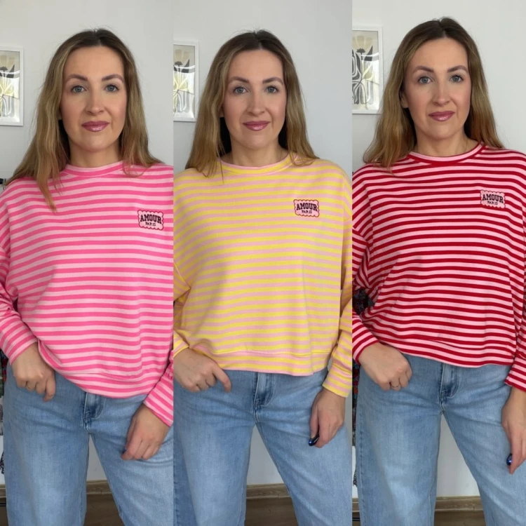 Lekka luźna bluza w poziome paski różowa czerwona haft Mooij- AMORE PARIS