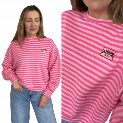 Lekka luźna bluza w poziome paski różowa haft Mooij- AMORE PARIS
