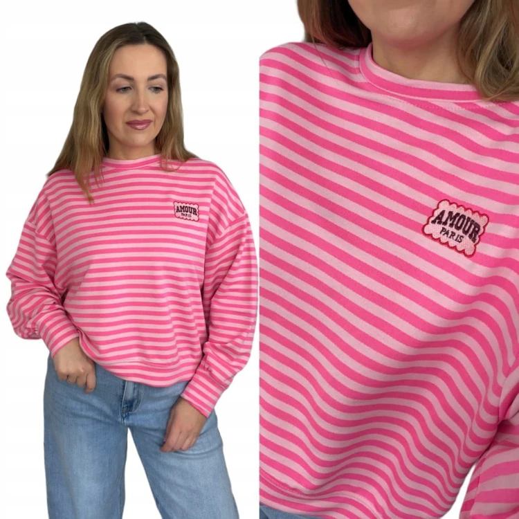 Lekka luźna bluza w poziome paski różowa haft Mooij- AMORE PARIS