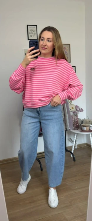 Lekka luźna bluza w poziome paski różowa haft Mooij- AMORE PARIS