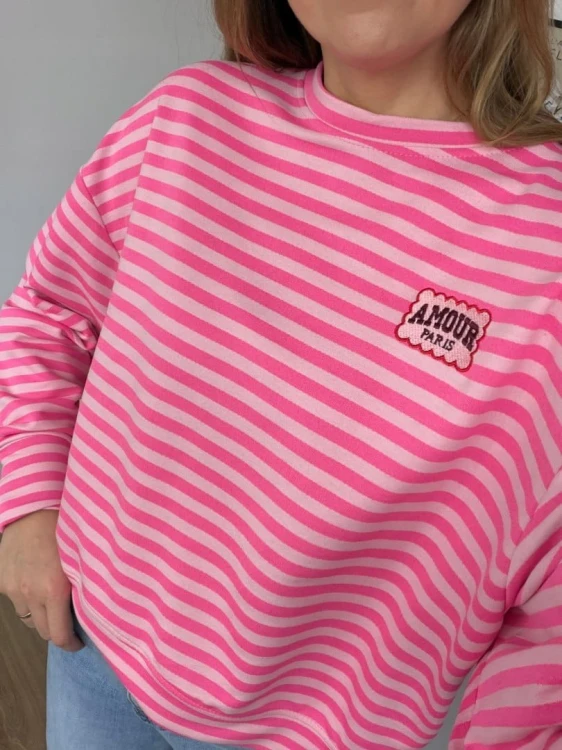 Lekka luźna bluza w poziome paski różowa haft Mooij- AMORE PARIS