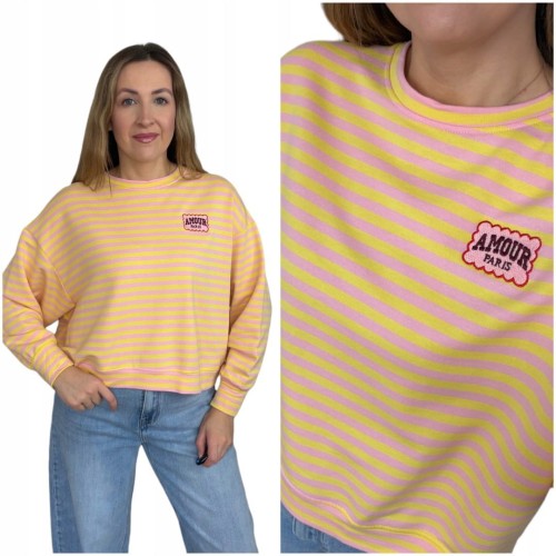 Lekka luźna bluza w poziome paski różowa żółta haft Mooij- AMORE PARIS