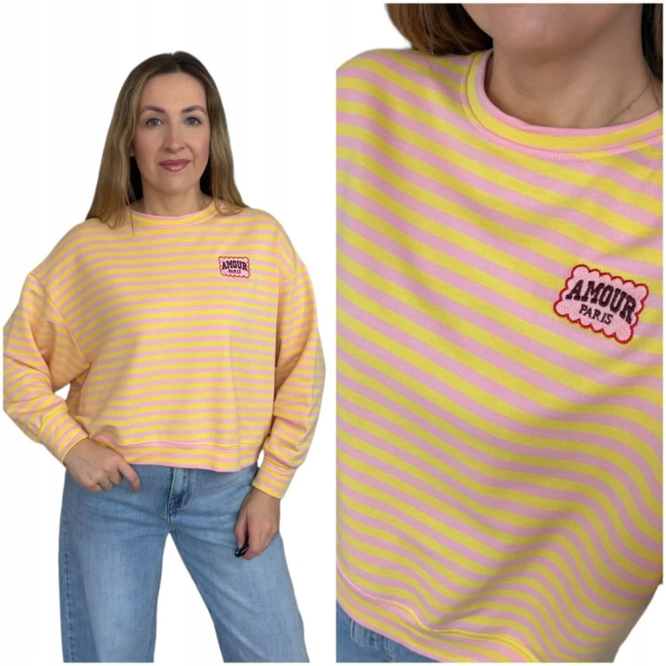 Lekka luźna bluza w poziome paski różowa żółta haft Mooij- AMORE PARIS