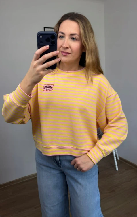 Lekka luźna bluza w poziome paski różowa żółta haft Mooij- AMORE PARIS