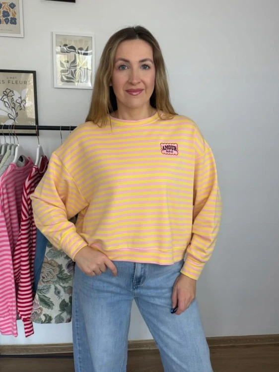 Lekka luźna bluza w poziome paski różowa żółta haft Mooij- AMORE PARIS
