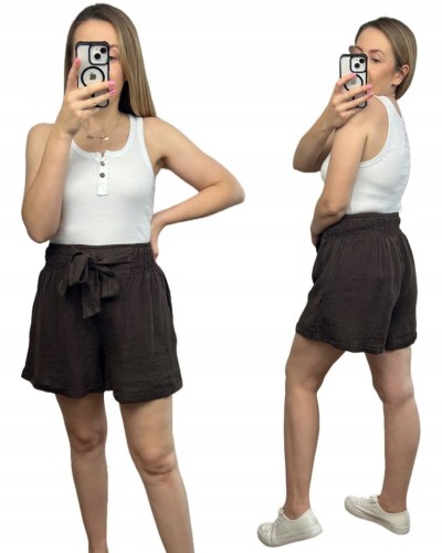 Lniane czekoladowe brązowe luźne szorty spodenki len kieszenie Lamya