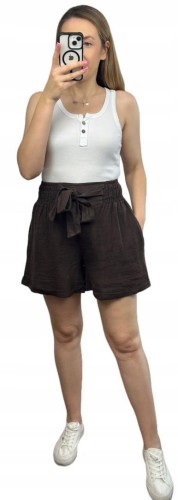 Lniane czekoladowe brązowe luźne szorty spodenki len kieszenie Lamya