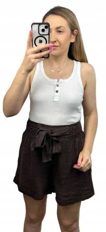 Lniane czekoladowe brązowe luźne szorty spodenki len kieszenie Lamya