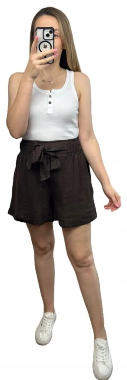 Lniane czekoladowe brązowe luźne szorty spodenki len kieszenie Lamya