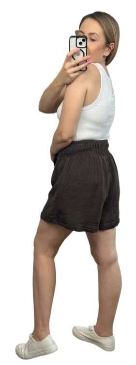 Lniane czekoladowe brązowe luźne szorty spodenki len kieszenie Lamya