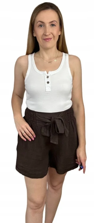 Lniane czekoladowe brązowe luźne szorty spodenki len kieszenie Lamya