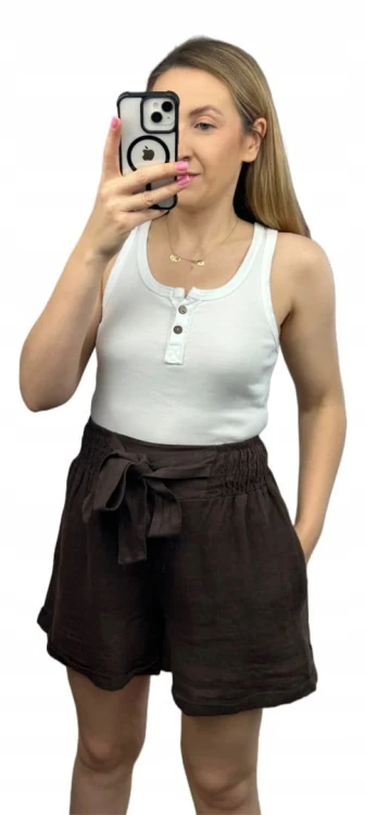 Lniane czekoladowe brązowe luźne szorty spodenki len kieszenie Lamya