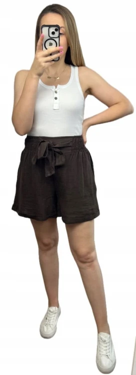 Lniane czekoladowe brązowe luźne szorty spodenki len kieszenie Lamya