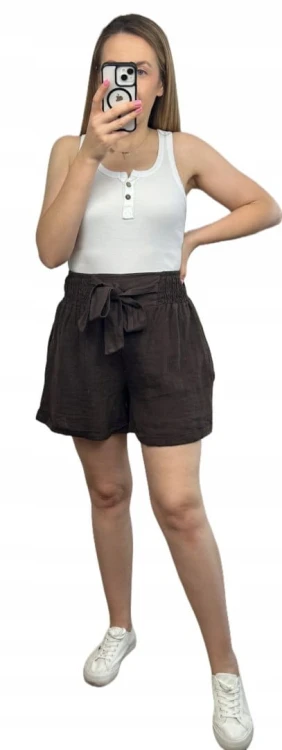 Lniane czekoladowe brązowe luźne szorty spodenki len kieszenie Lamya