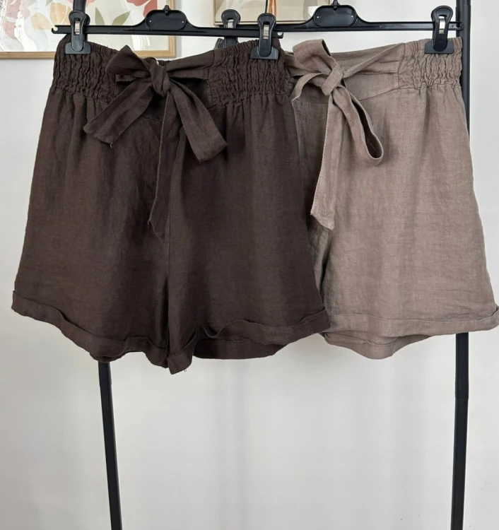 Lniane czekoladowe brązowe luźne szorty spodenki len kieszenie Lamya