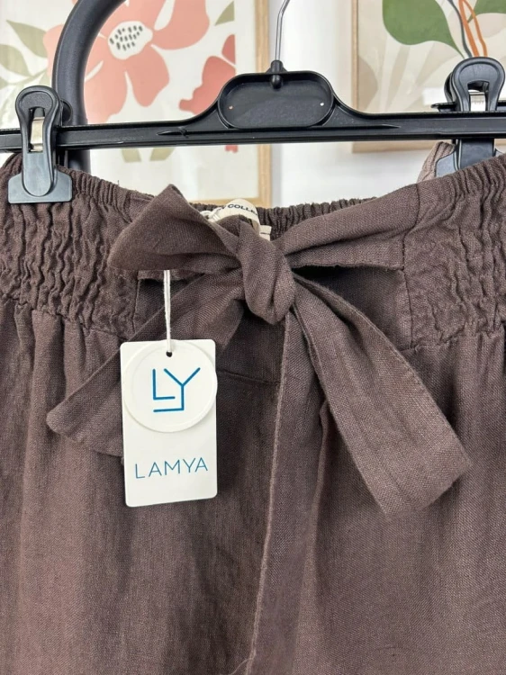 Lniane czekoladowe brązowe luźne szorty spodenki len kieszenie Lamya