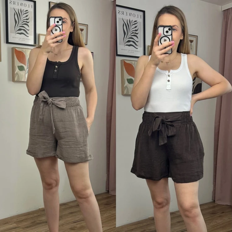 Lniane fango luźne szorty spodenki len kieszenie Lamya