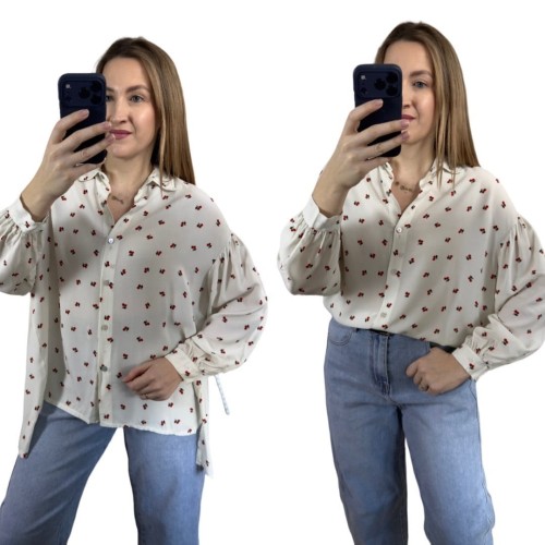 Luźna beżowa koszula oversize wiśnie wisienki 100% wiskoza kołnierzyk- CHERRY BLOOM