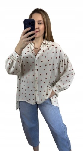 Luźna beżowa koszula oversize wiśnie wisienki 100% wiskoza kołnierzyk- CHERRY BLOOM