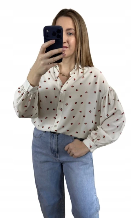 Luźna beżowa koszula oversize wiśnie wisienki 100% wiskoza kołnierzyk- CHERRY BLOOM