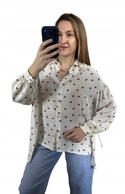 Luźna beżowa koszula oversize wiśnie wisienki 100% wiskoza kołnierzyk- CHERRY BLOOM