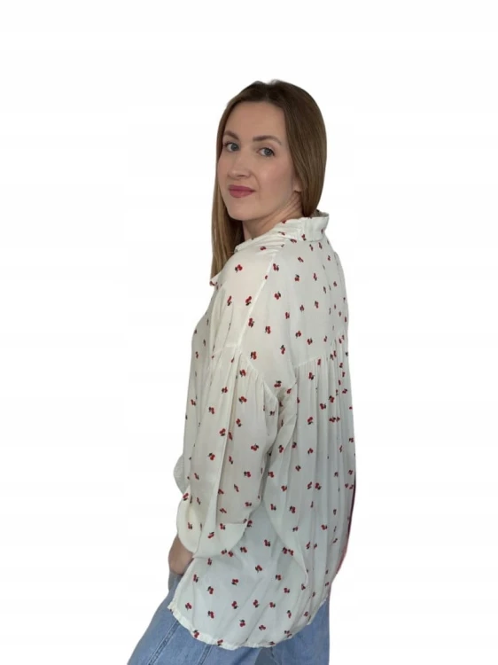 Luźna beżowa koszula oversize wiśnie wisienki 100% wiskoza kołnierzyk- CHERRY BLOOM
