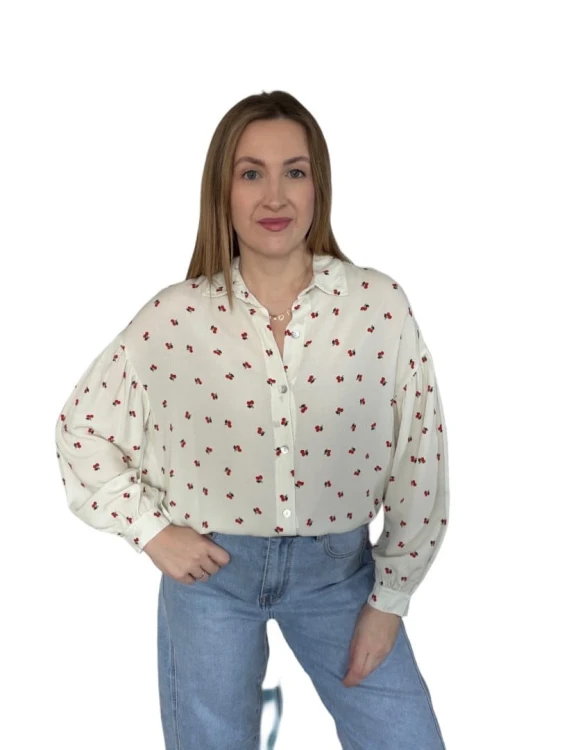 Luźna beżowa koszula oversize wiśnie wisienki 100% wiskoza kołnierzyk- CHERRY BLOOM