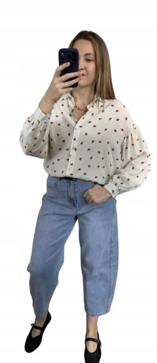 Luźna beżowa koszula oversize wiśnie wisienki 100% wiskoza kołnierzyk- CHERRY BLOOM