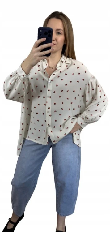 Luźna beżowa koszula oversize wiśnie wisienki 100% wiskoza kołnierzyk- CHERRY BLOOM