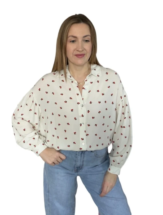 Luźna beżowa koszula oversize wiśnie wisienki 100% wiskoza kołnierzyk- CHERRY BLOOM