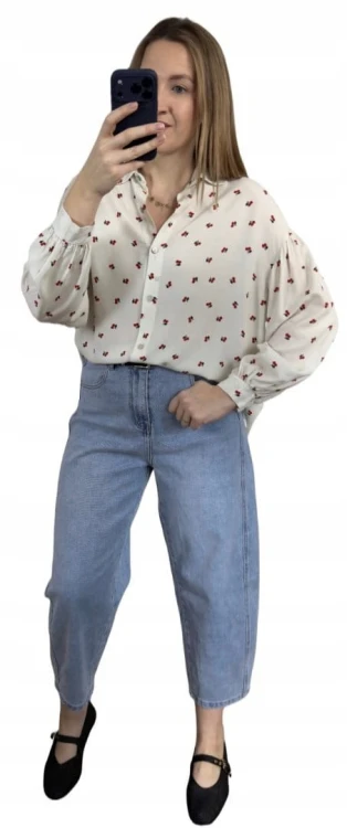 Luźna beżowa koszula oversize wiśnie wisienki 100% wiskoza kołnierzyk- CHERRY BLOOM