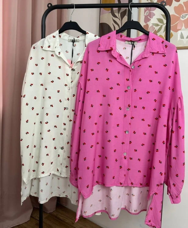 Luźna beżowa koszula oversize wiśnie wisienki 100% wiskoza kołnierzyk- CHERRY BLOOM