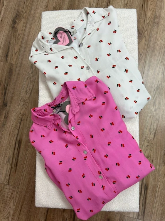 Luźna beżowa koszula oversize wiśnie wisienki 100% wiskoza kołnierzyk- CHERRY BLOOM