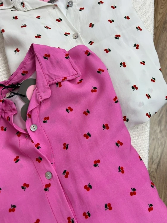 Luźna beżowa koszula oversize wiśnie wisienki 100% wiskoza kołnierzyk- CHERRY BLOOM