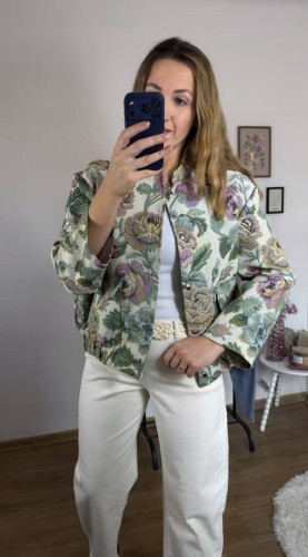 Luźna bomberka kurtka w kwiaty liście tkanina żakardowa - ORNELLA BOMBER