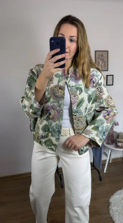 Luźna bomberka kurtka w kwiaty liście tkanina żakardowa - ORNELLA BOMBER