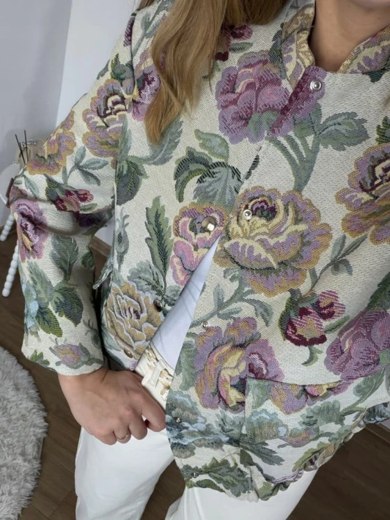 Luźna bomberka kurtka w kwiaty liście tkanina żakardowa - ORNELLA BOMBER