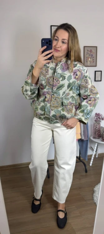 Luźna bomberka kurtka w kwiaty liście tkanina żakardowa - ORNELLA BOMBER