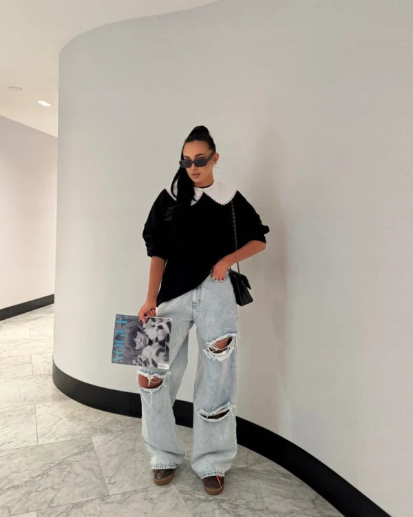 Luźna czarna bluza oversize z kołnierzem bawełniana La Milla