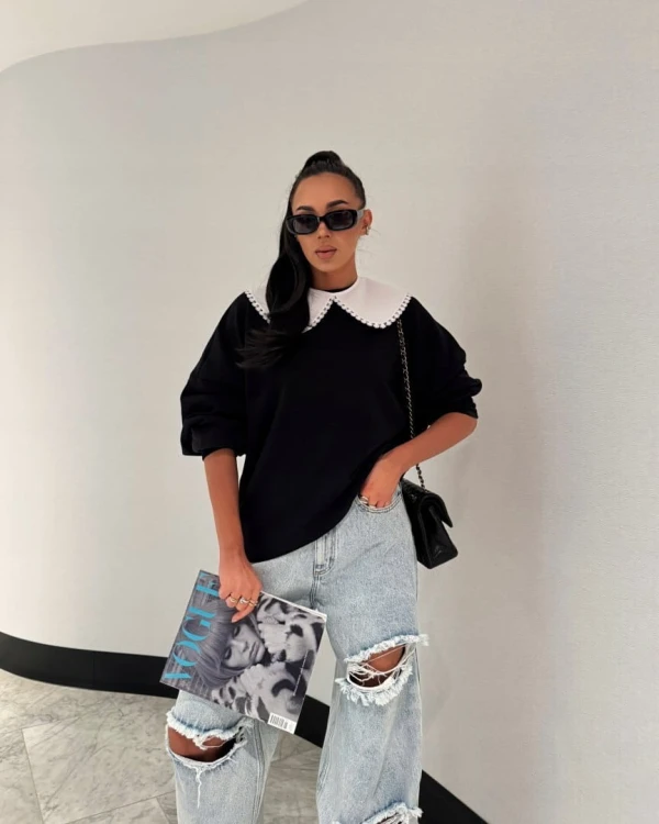 Luźna czarna bluza oversize z kołnierzem bawełniana La Milla