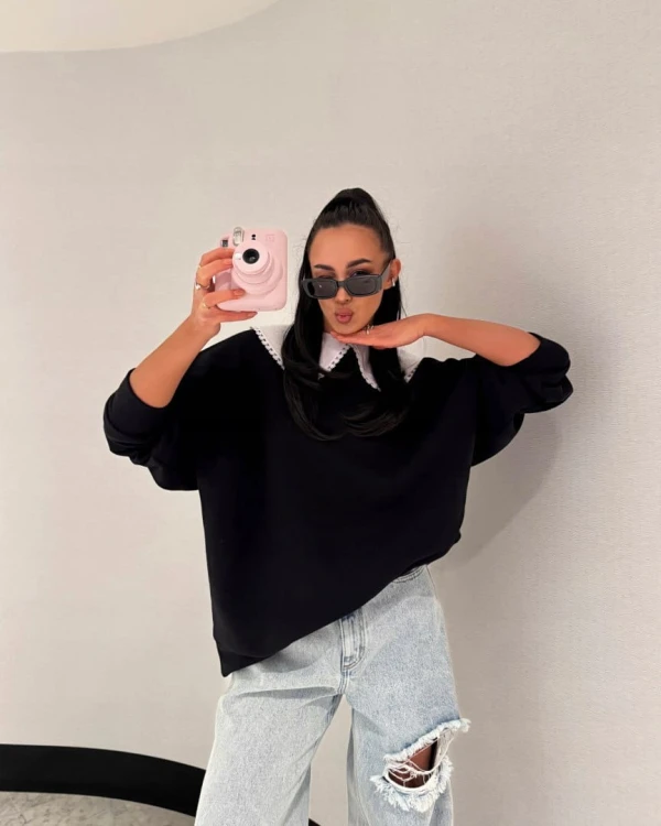 Luźna czarna bluza oversize z kołnierzem bawełniana La Milla