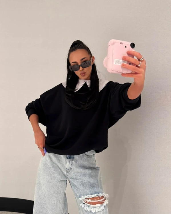 Luźna czarna bluza oversize z kołnierzem bawełniana La Milla