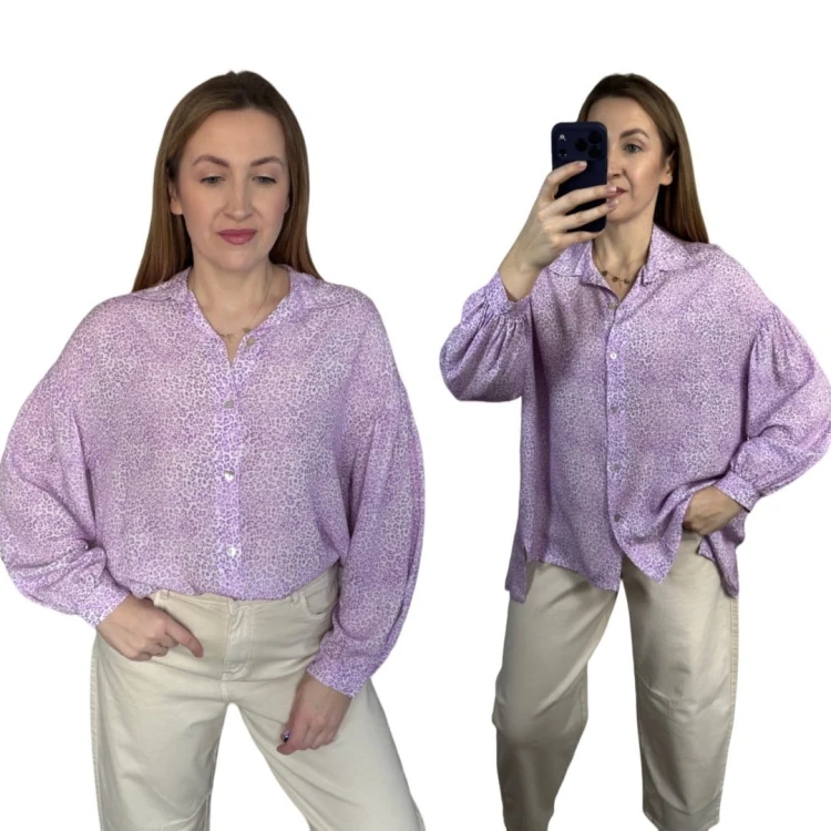 Luźna fioletowa koszula oversize cętki panterka 100% wiskoza kołnierzyk- PANTHER BLOOM