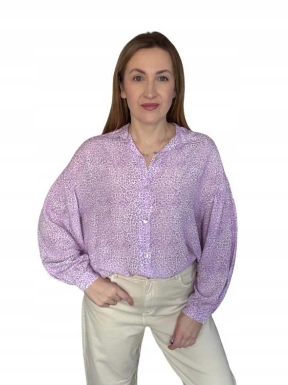Luźna fioletowa koszula oversize cętki panterka 100% wiskoza kołnierzyk- PANTHER BLOOM