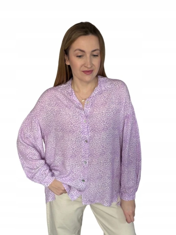 Luźna fioletowa koszula oversize cętki panterka 100% wiskoza kołnierzyk- PANTHER BLOOM